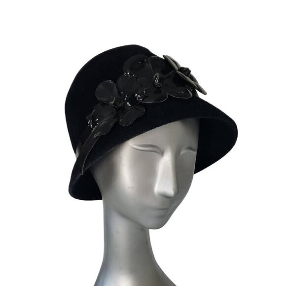 Vtg Frank Olive Patent Leather Flowers & Trim Black Wool Bucket Cloche Hat Boho main image 7